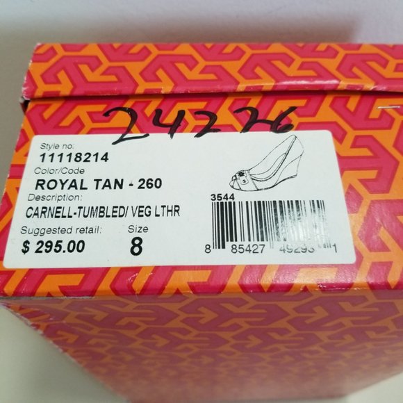 Tory Burch Carnell Royal Tan Leather Peep Toe Cork Wedge - Picture 2 of 8